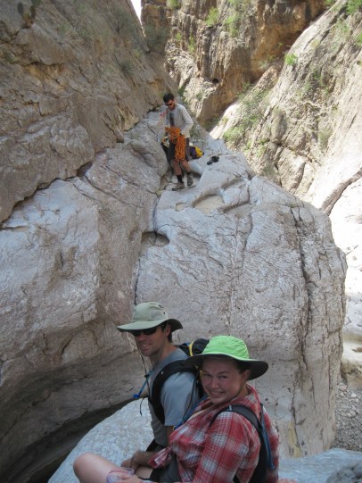 Colin is setting up the rappel on the other side of the gap...while we pretend not to worry about the crossing.