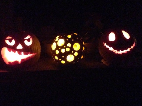 This picture does not do justice to Lennox (who later had a tiny pumpkin named Leroy in his mouth) or Jack, whose nose was the pumpkin stem.